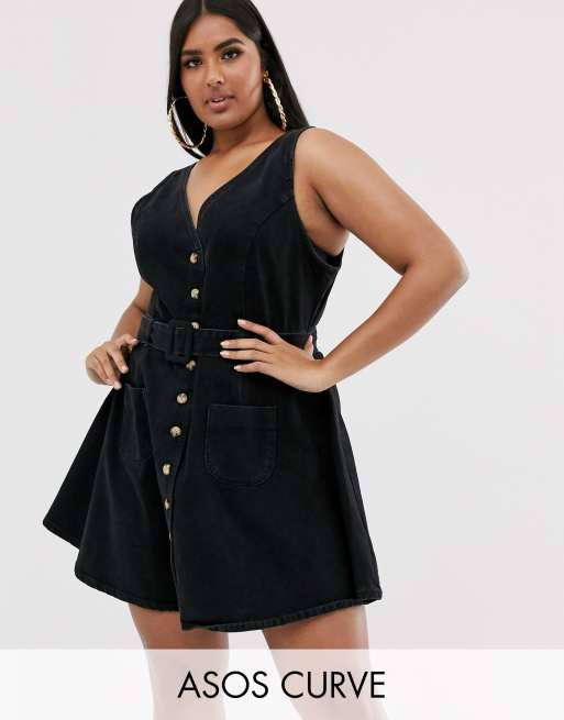 ASOS DESIGN Curve denim skater button through dress with belt in