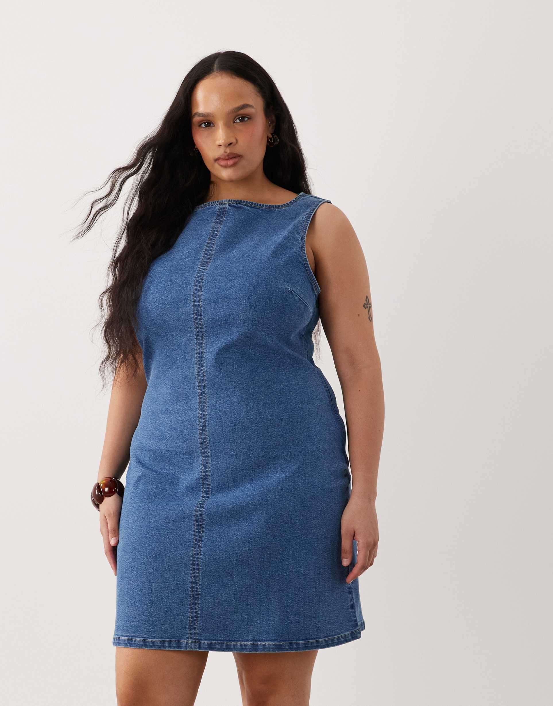 asos design curve denim slash neck bodycon mini dress in mid blue