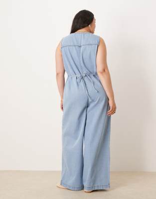 ASOS CURVE ASOS DESIGN CURVE DENIM SLEEVELESS JUMPSUIT WITH TIE BACK 