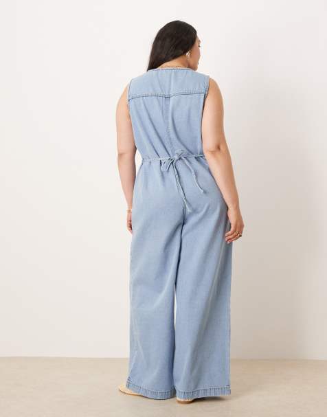 ASOS DESIGN Curve denim sleeveless jumpsuit with tie back in light wash blue - view 1