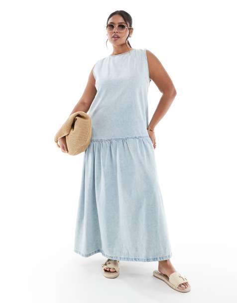 ASOS DESIGN Curve denim sleeveless midi dress with drop waist in lightwash blue - view 1