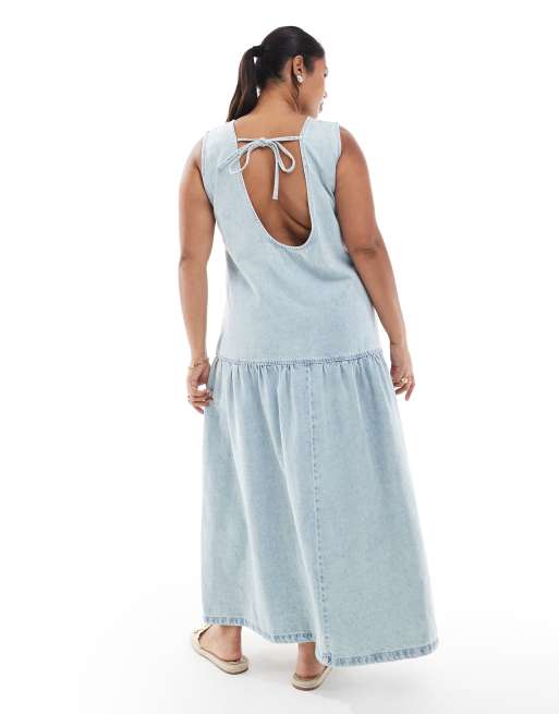 ASOS DESIGN Curve denim sleeveless midi dress with drop waist in lightwash blue, 2 of 4