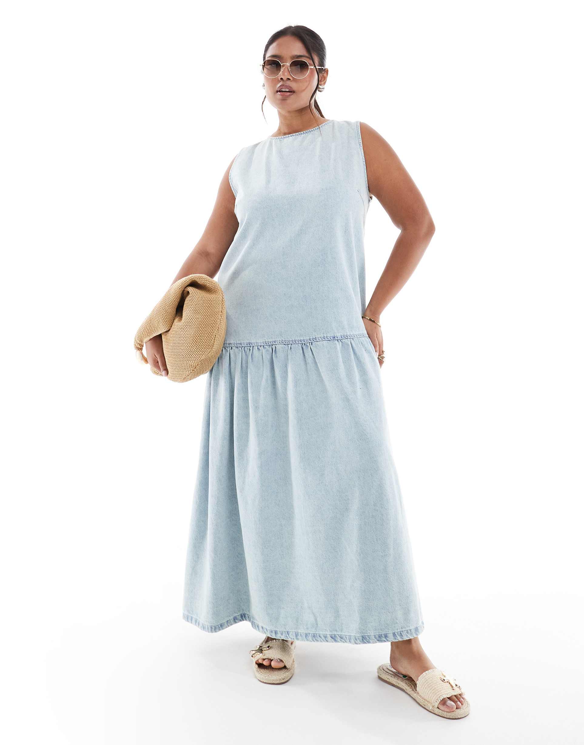 asos design curve denim sleeveless midi dress with dropped waist in lightwash blue