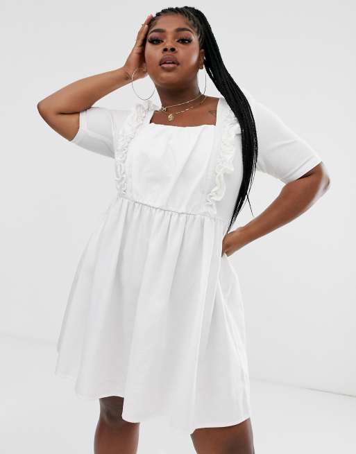 ASOS DESIGN Curve denim smock dress with frill in white ASOS