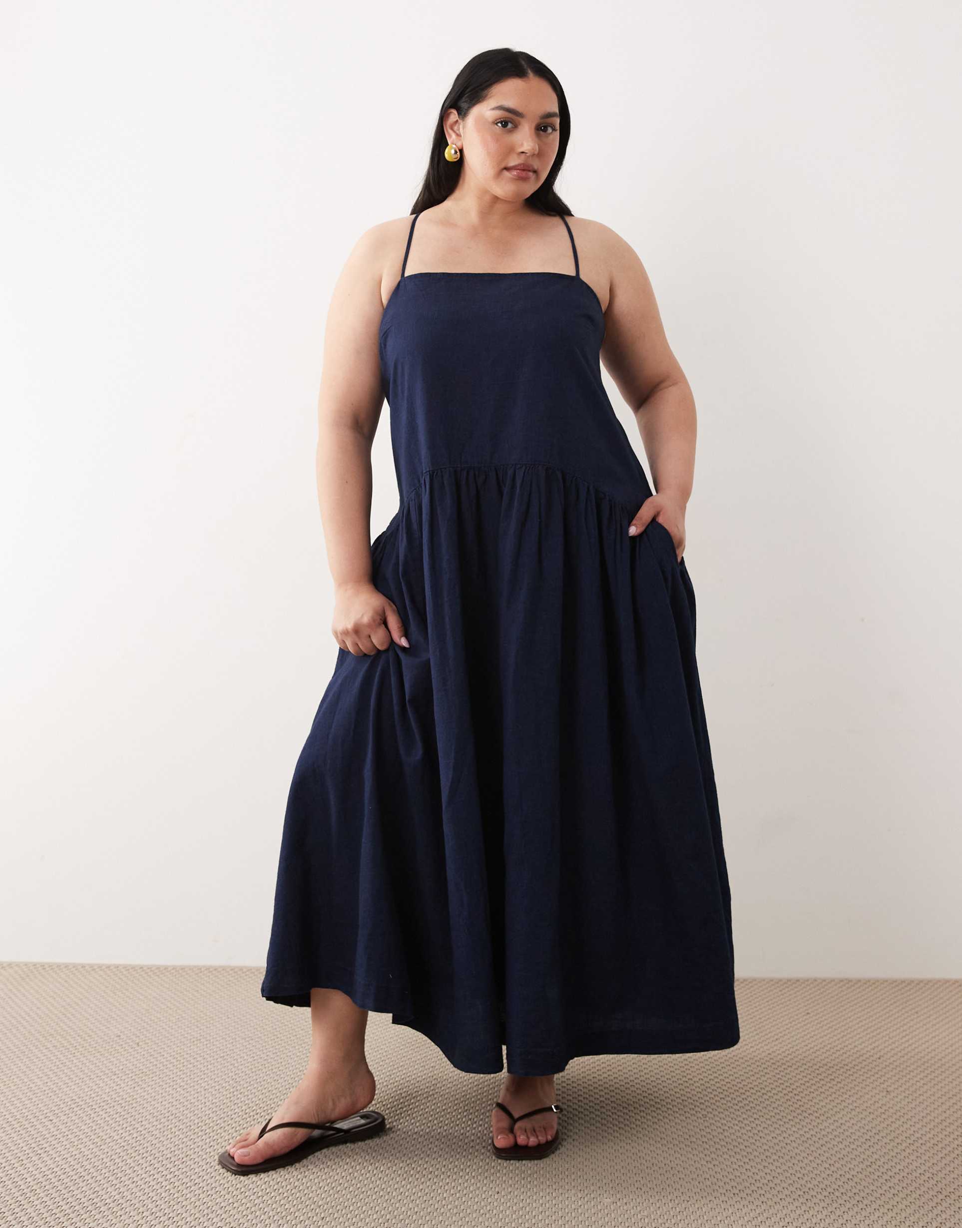 asos design curve denim smock midi dress with side pockets in inky wash