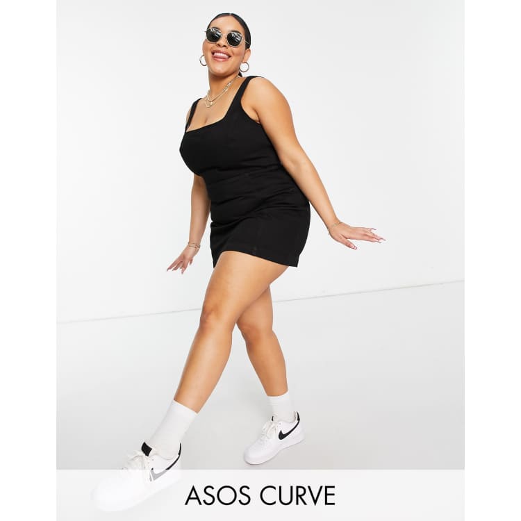 ASOS DESIGN Curve denim square neck fitted pinafore dress in black ASOS