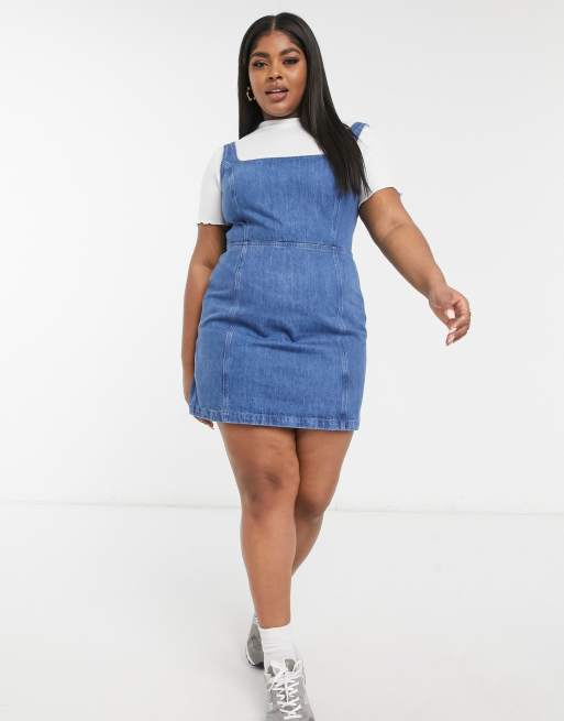 ASOS DESIGN Curve denim square neck pinafore dress in blue ASOS