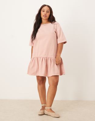 Asos Design Curve Denim T-shirt Mini Dress With Drop Waist In Pink