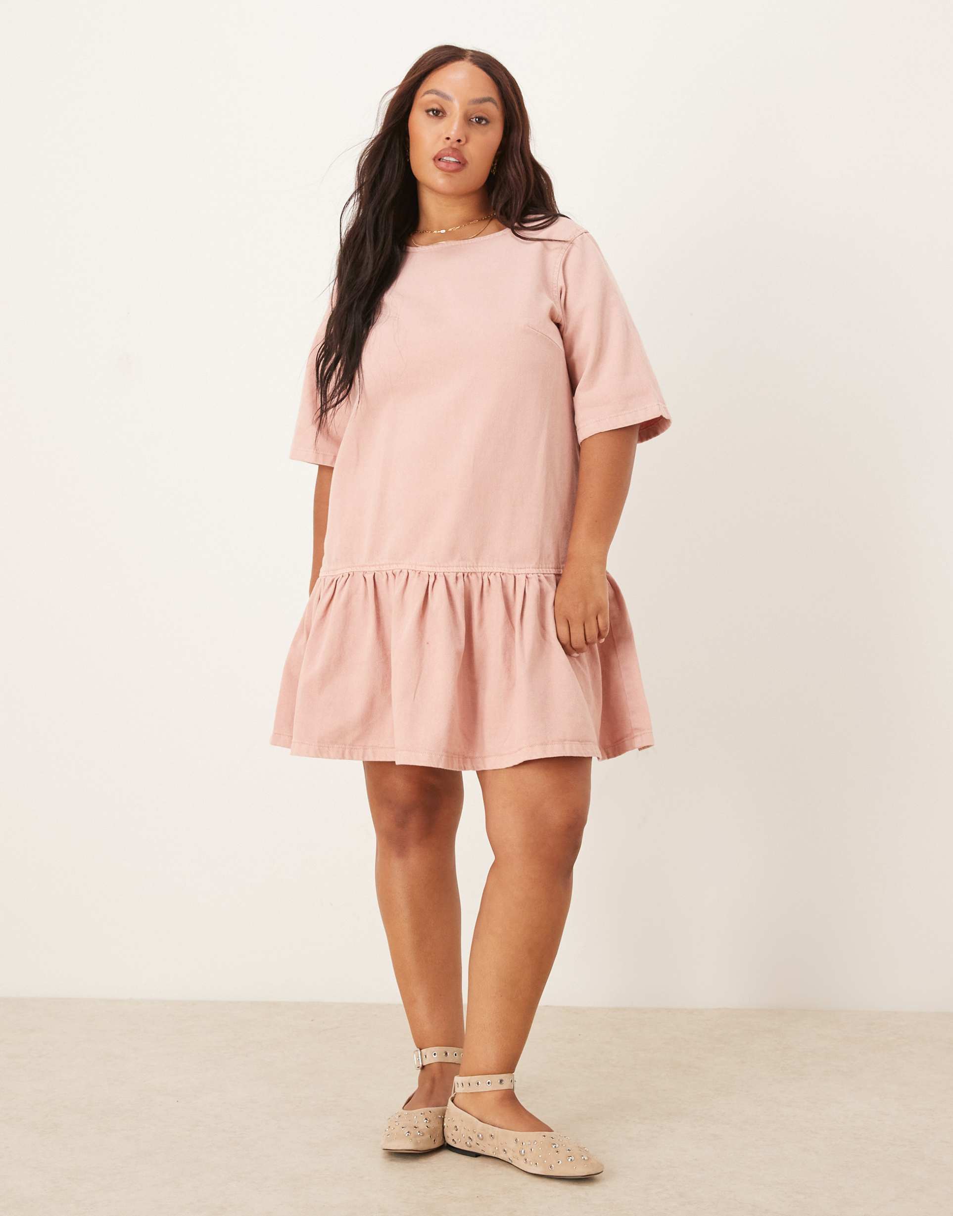 asos design curve denim t-shirt mini dress with drop waist in pink