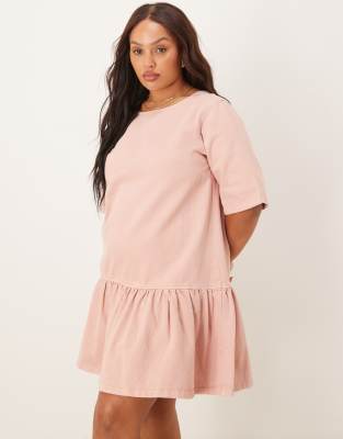 Asos Design Curve Denim T-shirt Mini Dress With Drop Waist In Pink