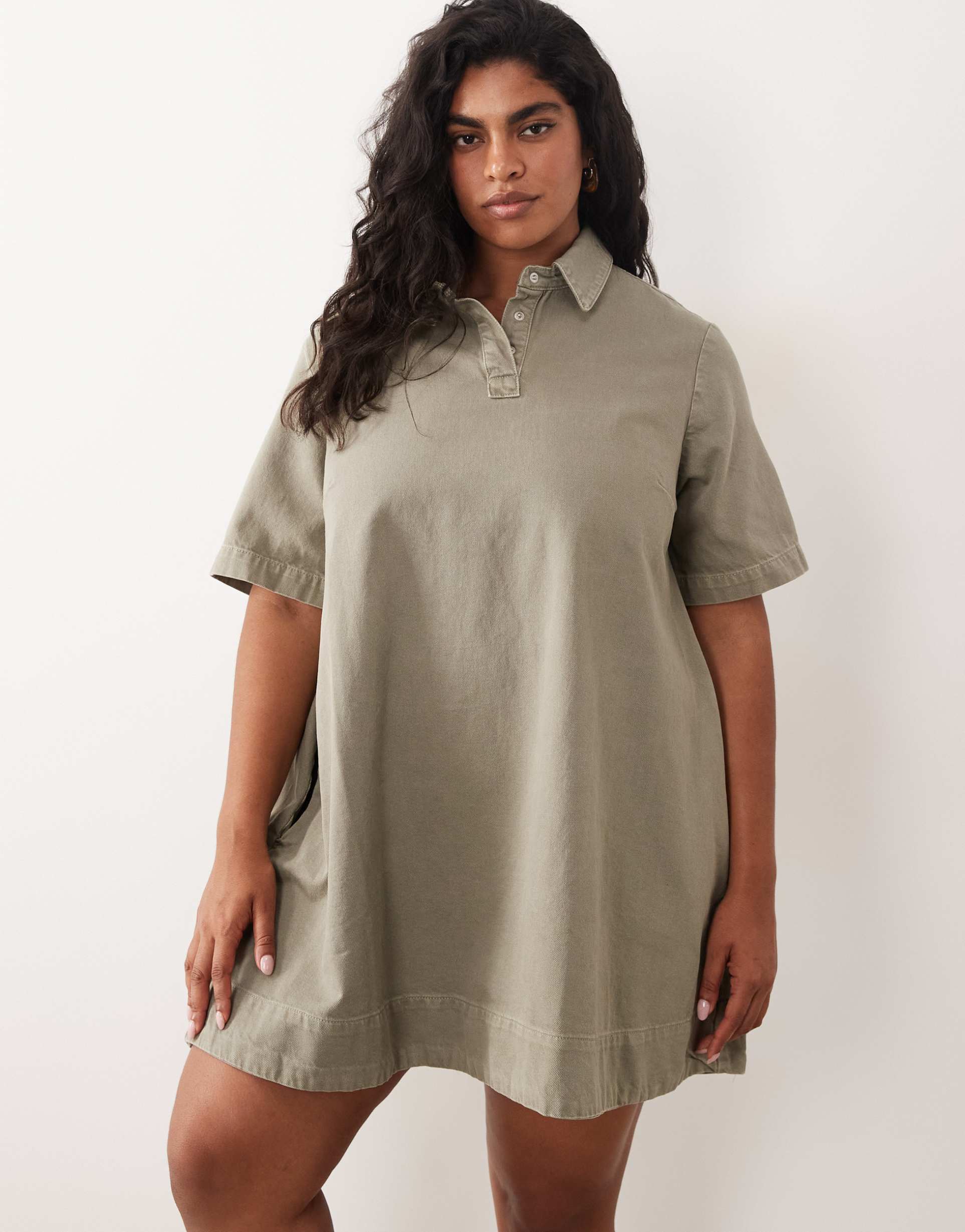 asos design curve denim trapeze polo dress in khaki