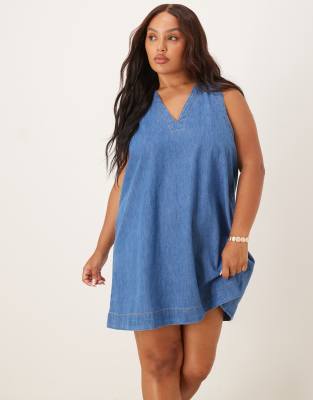 ASOS DESIGN Curve denim v neck shift dress in mid blue