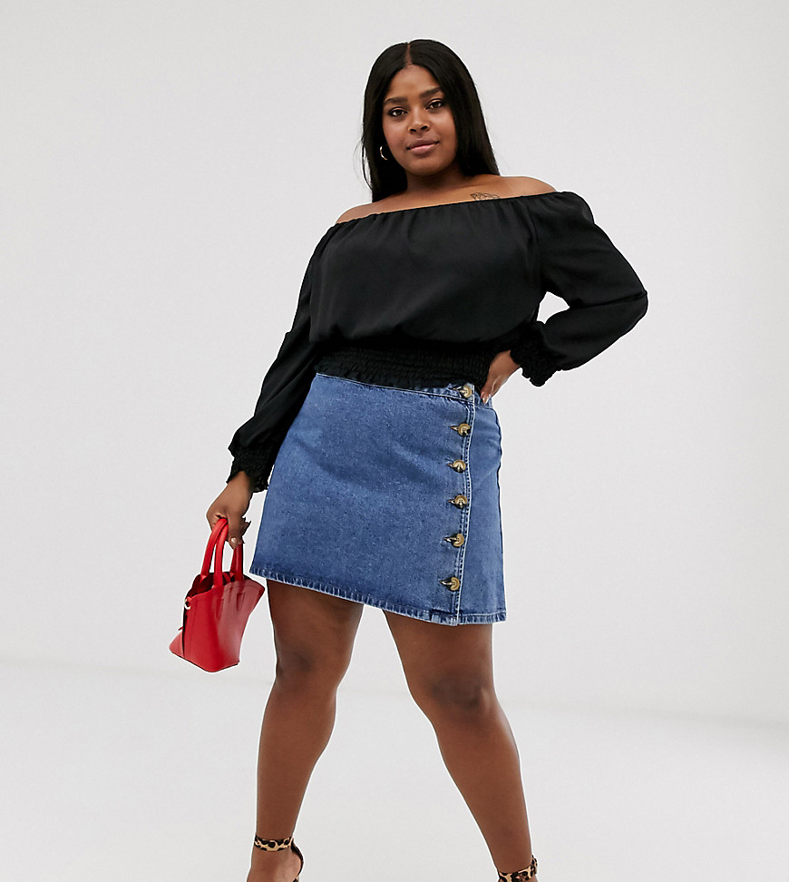 ASOS DESIGN Curve denim wrap skirt with side buttons in blue