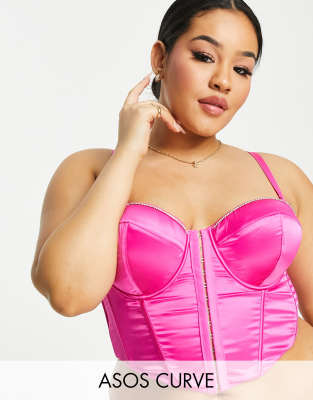 ASOS DESIGN Deyanna satin corset with diamante trims in hot pink