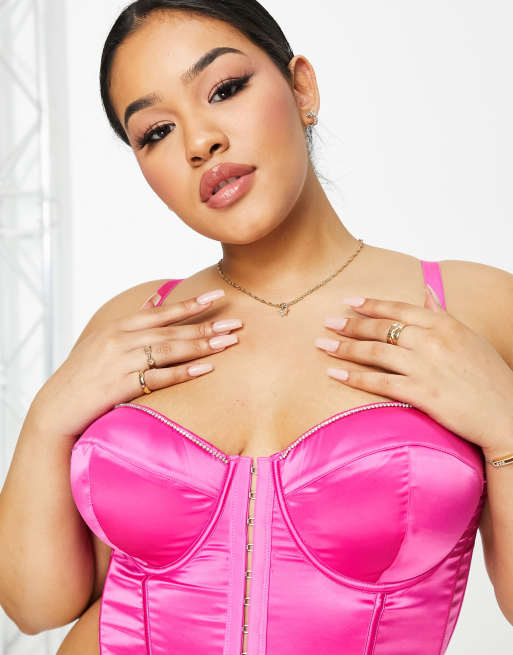 ASOS DESIGN Curve Deyanna satin corset with diamante trims in hot pink, 2 of 4