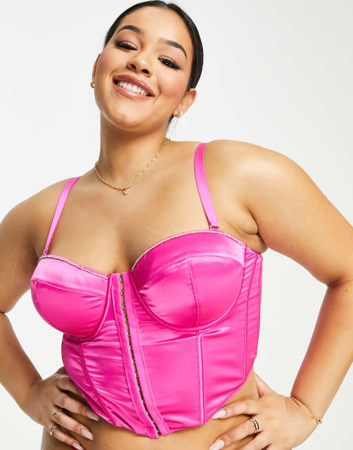 ASOS DESIGN Curve Deyanna satin corset with diamante trims in hot pink, 3 of 4