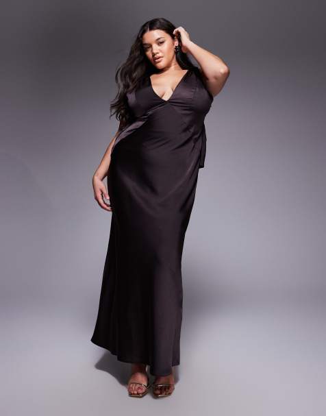 ASOS DESIGN Curve - Diep uitgesneden satijnen maxi-jurk met geknoopte schouder en gedrapeerde achterkant in chocoladebruin - view 1