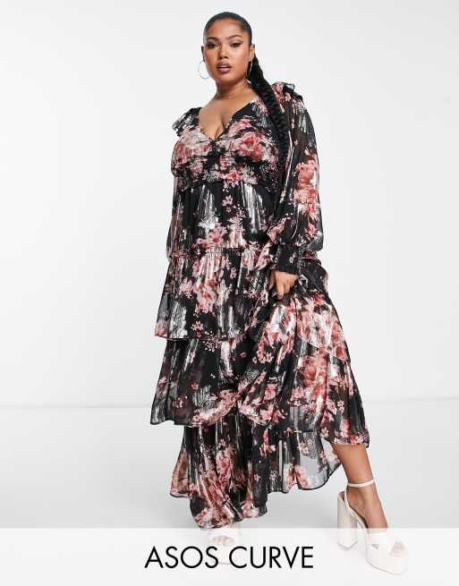ASOS DESIGN Curve - Diepuitgesneden metallic maxi jurk met ruches, stroken en bloemenprint in zwart