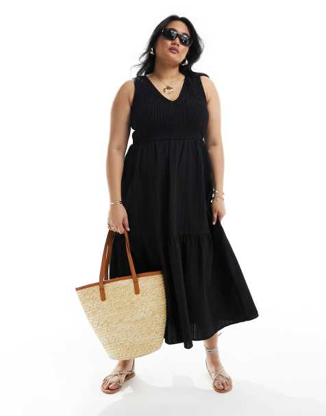 ASOS DESIGN Curve - Diepuitgesneden midi-zonnejurk en gestrikte achterkant in zwart - view 1