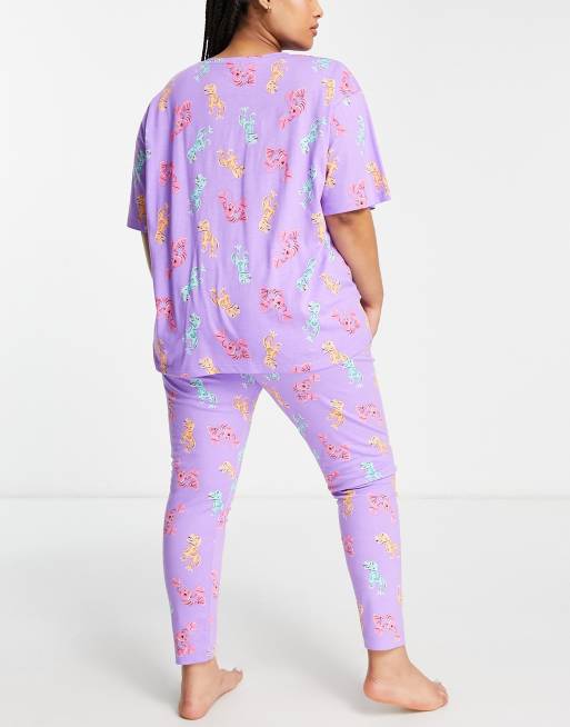 ASOS DESIGN Curve dino & lobster oversized tee and leggings pyjama set in purple, 2 of 4