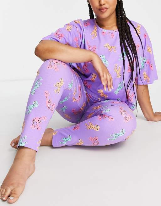 ASOS DESIGN Curve dino & lobster oversized tee and leggings pyjama set in purple, 4 of 4