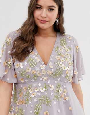 asos design dipped hem maxi dress with 3d embellishment and ruffle sleeve