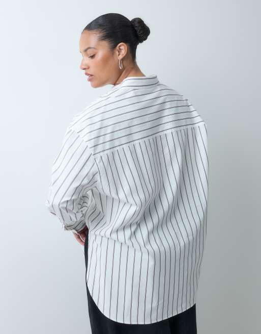 ASOS DESIGN Curve dipped hem oversized shirt in beige stripe, 4 of 4