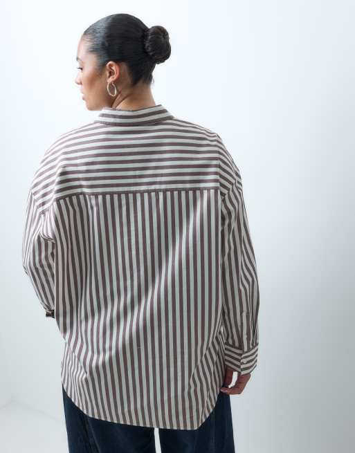 ASOS DESIGN Curve dipped hem oversized shirt in brown striped print, 4 of 4