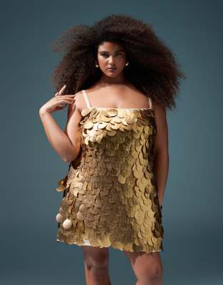ASOS DESIGN Curve disc sequin cami mini dress in gold | ASOS