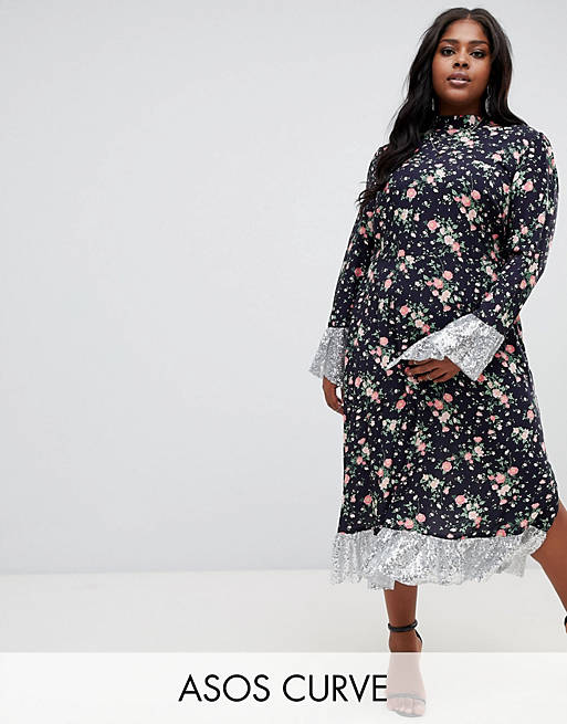 ASOS DESIGN Curve ditsy print midi dress with long sleeves and sequin hem and cuff detail