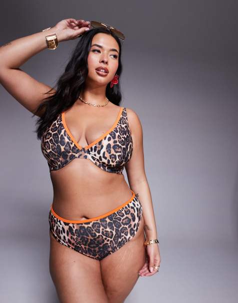 ASOS DESIGN Curve Leo contrast binding bikini bottom in animal print