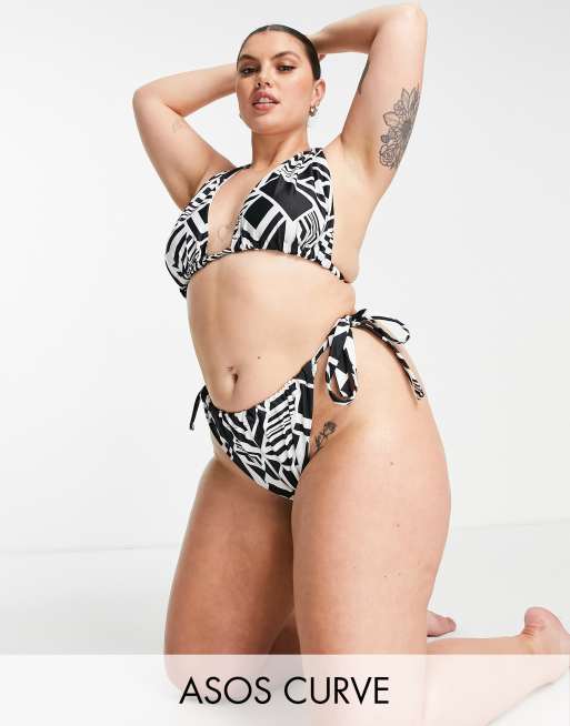 ASOS DESIGN Curve – Dół od bikini z wiązaniem na boku i czarno-białym wzorem 