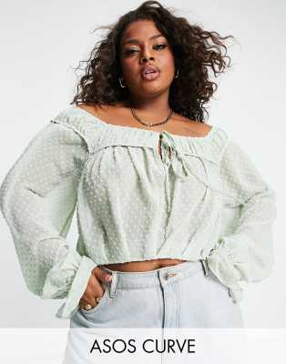 ASOS DESIGN Curve dobby blouse with volume sleeve & tie front in sage green