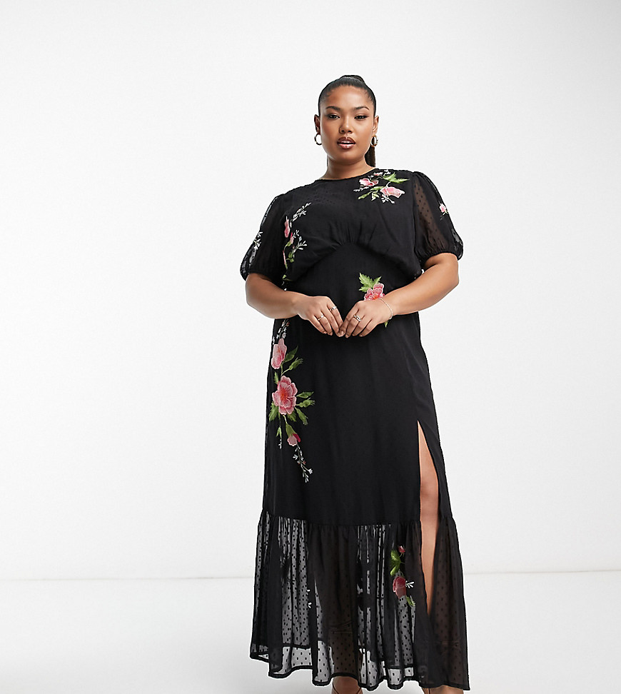ASOS DESIGN Curve dobby chiffon puff sleeve maxi tea dress with floral embroidery in black