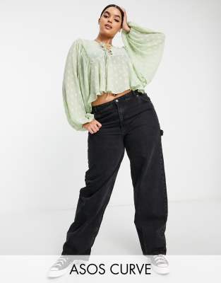 ASOS DESIGN ASOS DESIGN Curve dobby long sleeve blouse with lace up front & peplum hem in sage-Green