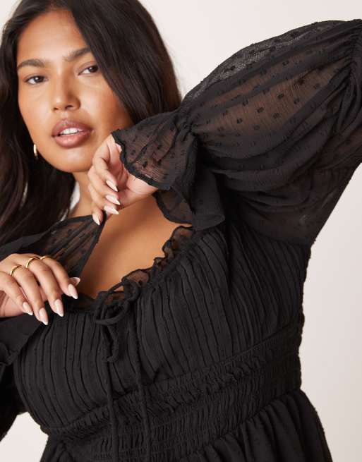 ASOS DESIGN Curve dobby milkmaid long sleeve sleeve shirred waist mini dress  in black | ASOS