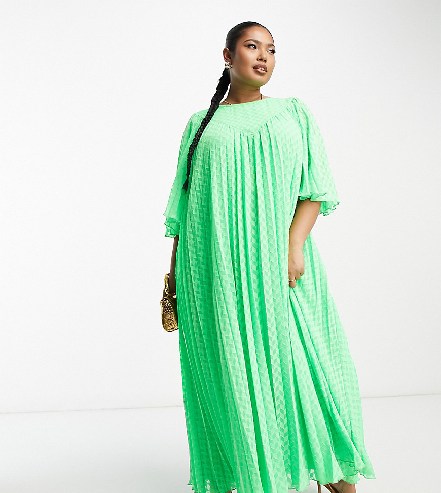 ASOS DESIGN Curve dobby pleated midi dress with pleated sleeves and V detail in green