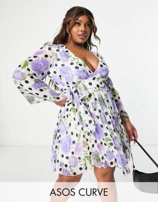 ASOS DESIGN Curve - Dobby plisseret slå-om-minikjole i blomstermønster og prikker