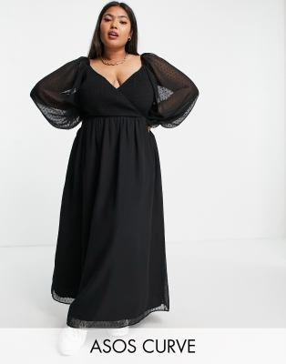 ASOS DESIGN Curve dobby shirred wrap maxi dress in black