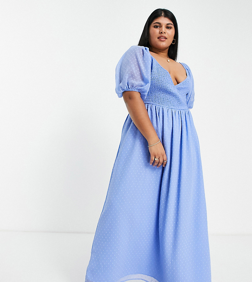 Asos Design Curve Dobby Shirred Wrap Maxi Dress In Blue