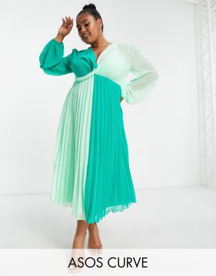 Asos Design Curve Dobby Twist Front Pleated Midi Dress In Green Colourblock