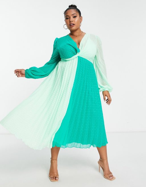 ASOS DESIGN Curve dobby twist front pleated midi dress in green colourblock, 3 of 4