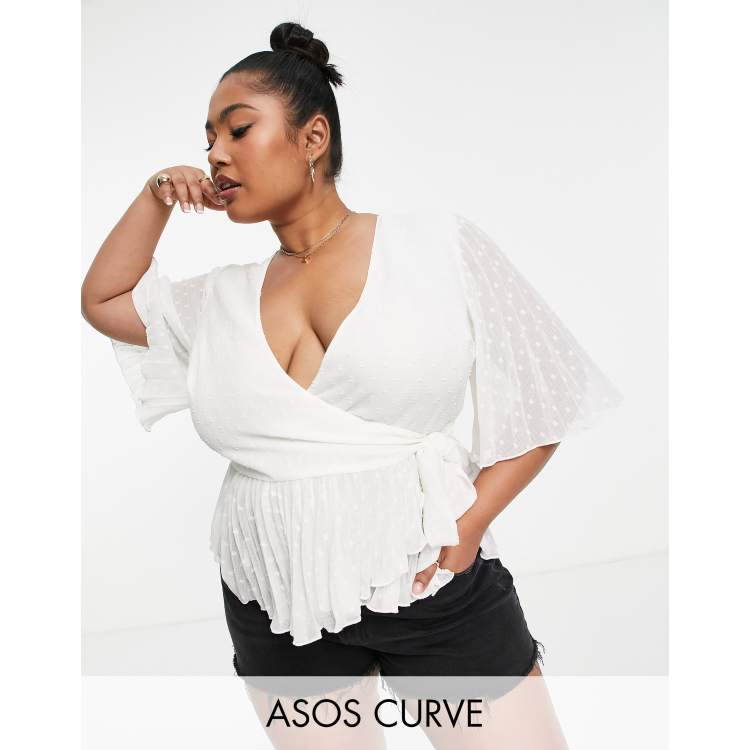 ASOS DESIGN Curve dobby wrap short sleeve blouse with pleated peplum hem in  ivory