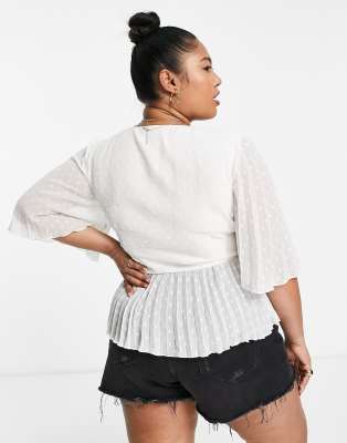 ASOS DESIGN Curve dobby wrap short sleeve blouse with pleated peplum hem in  ivory