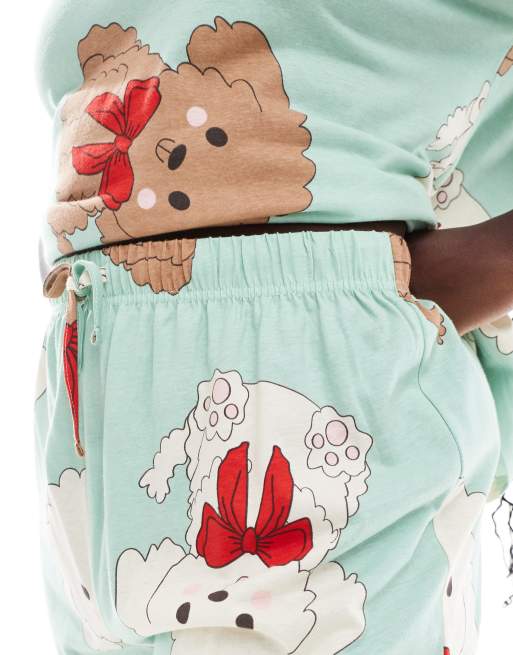 ASOS DESIGN Curve dog and bow oversized tee & short pajama set in green