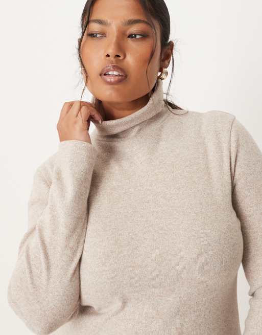 ASOS DESIGN Curve - Dolcevita in cotone morbido color avena mélange con cuciture, 3 di 4