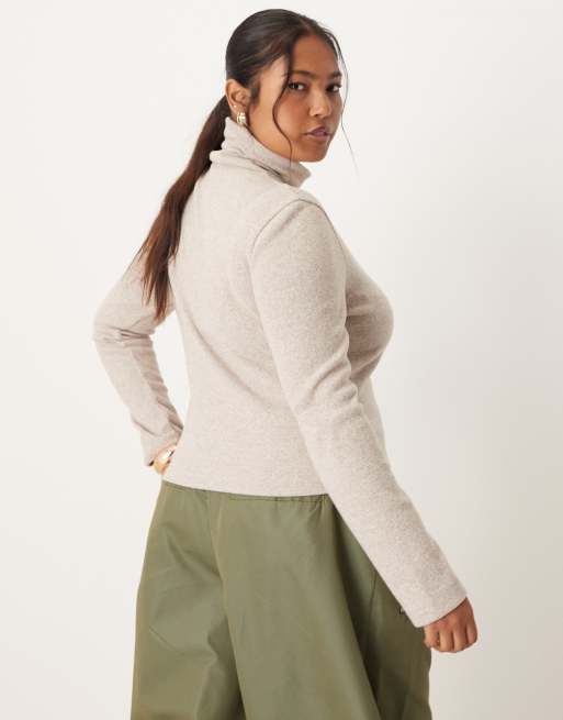 ASOS DESIGN Curve - Dolcevita in cotone morbido color avena mélange con cuciture, 4 di 4