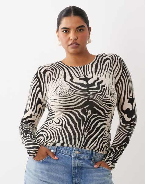 ASOS DESIGN Curve doorschijnende gebreide top met zachte touch en gerimpelde zijkant in zebra - view 1
