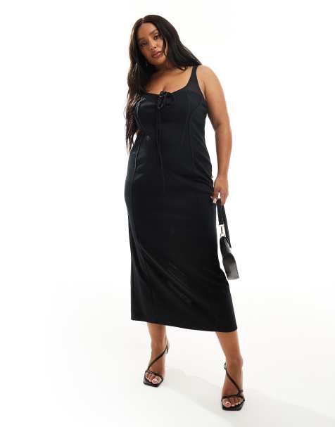 ASOS DESIGN Curve - Doorschijnende midi-jurk met cupdetail en veters aan de voorkant in zwart - view 1