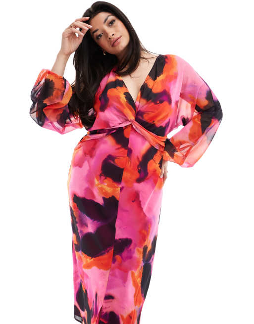 ASOS DESIGN Curve - Doorschijnende midi jurk met geknoopte voorkant en abstracte print in roze